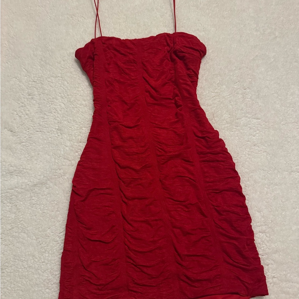 Windsor Red Ruched Spaghetti Strap Mini Dress